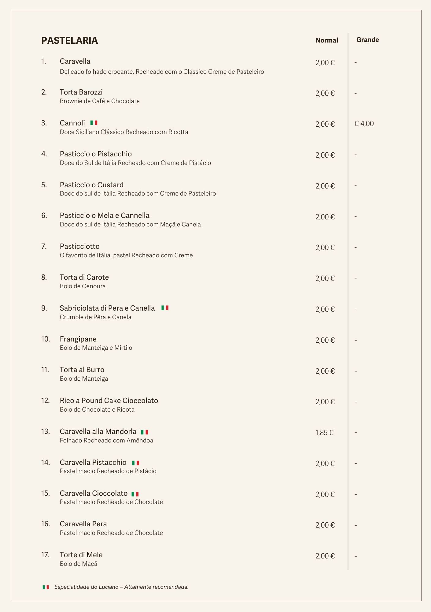 Luciano Menu Portuguese Food