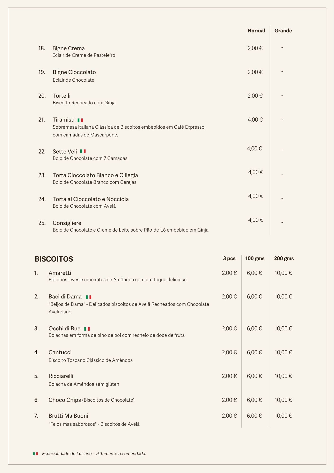 Luciano Menu Portuguese Food