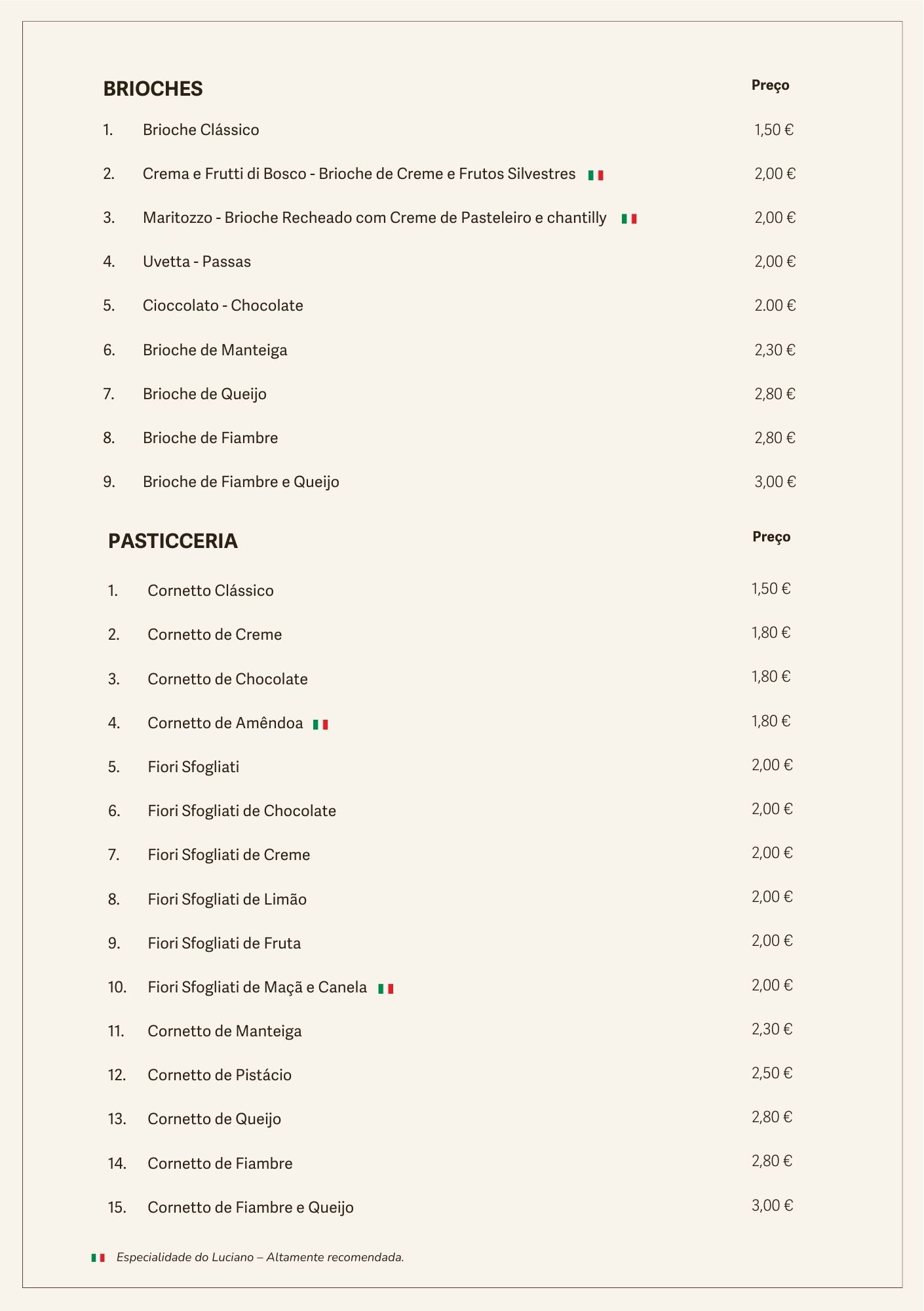 Luciano Menu Portuguese Food