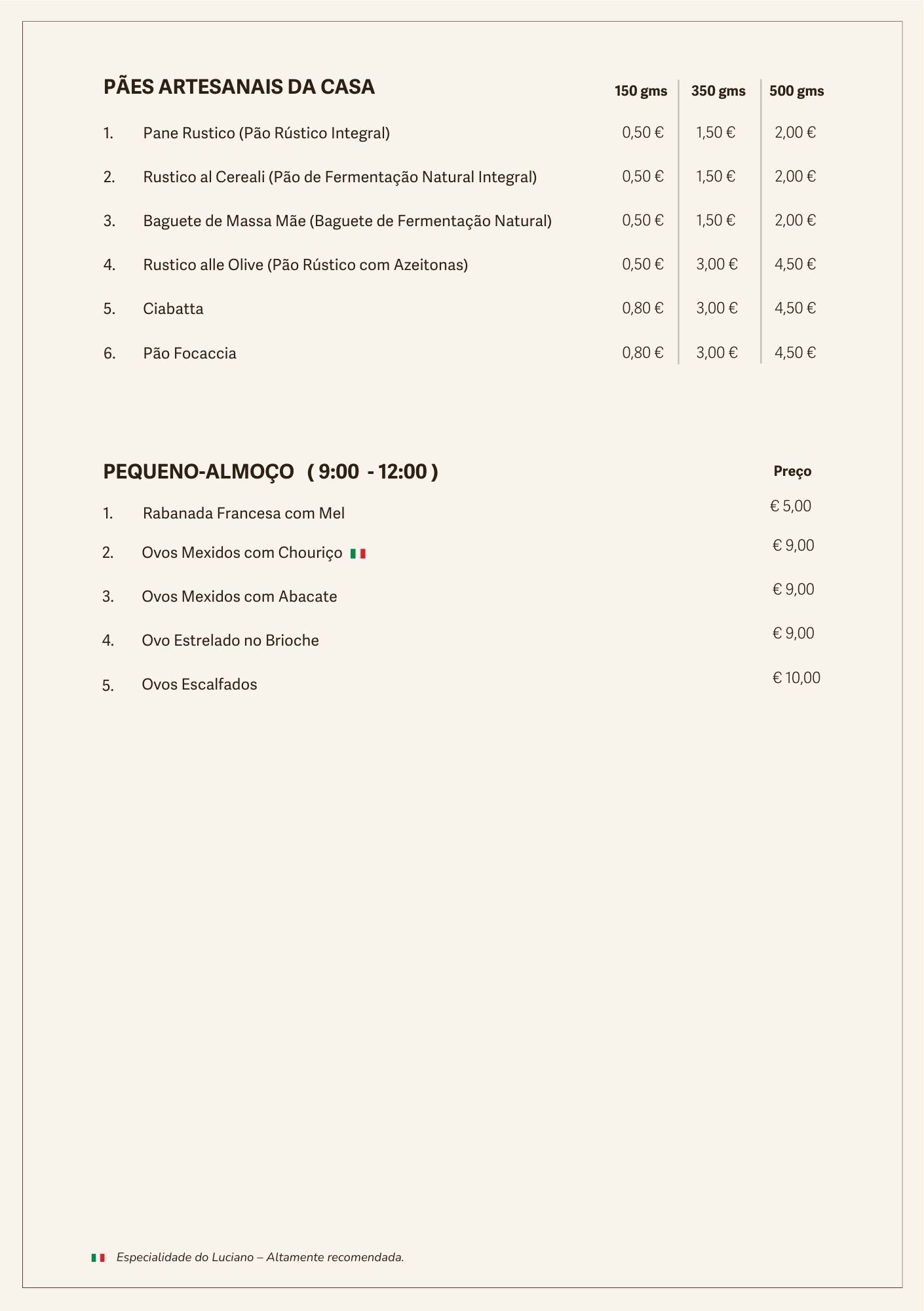 Luciano Menu Portuguese Food