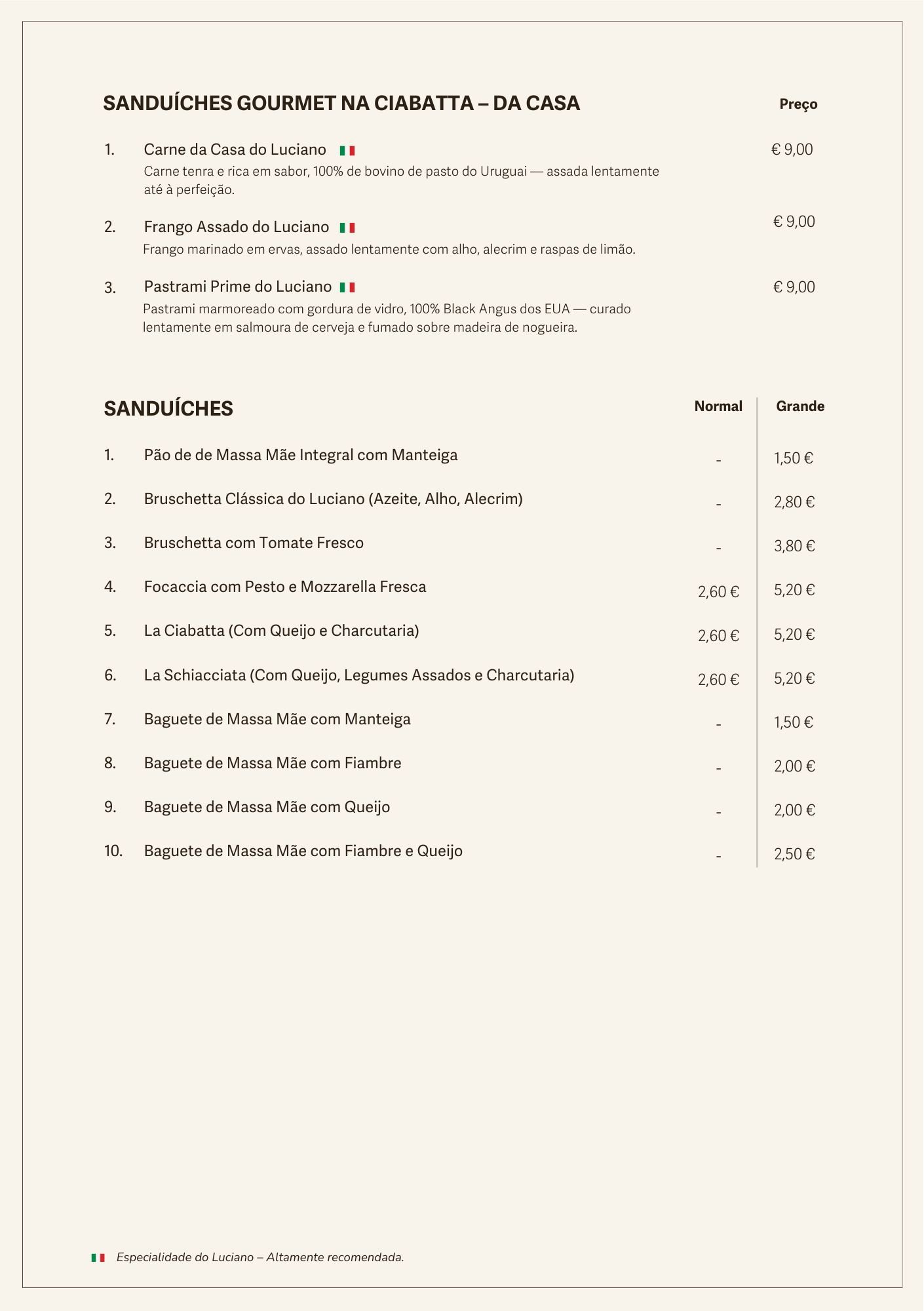 Luciano Menu Portuguese Food