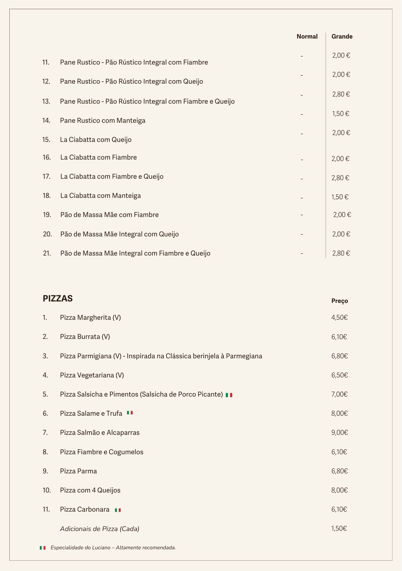 Luciano Menu Portuguese Food