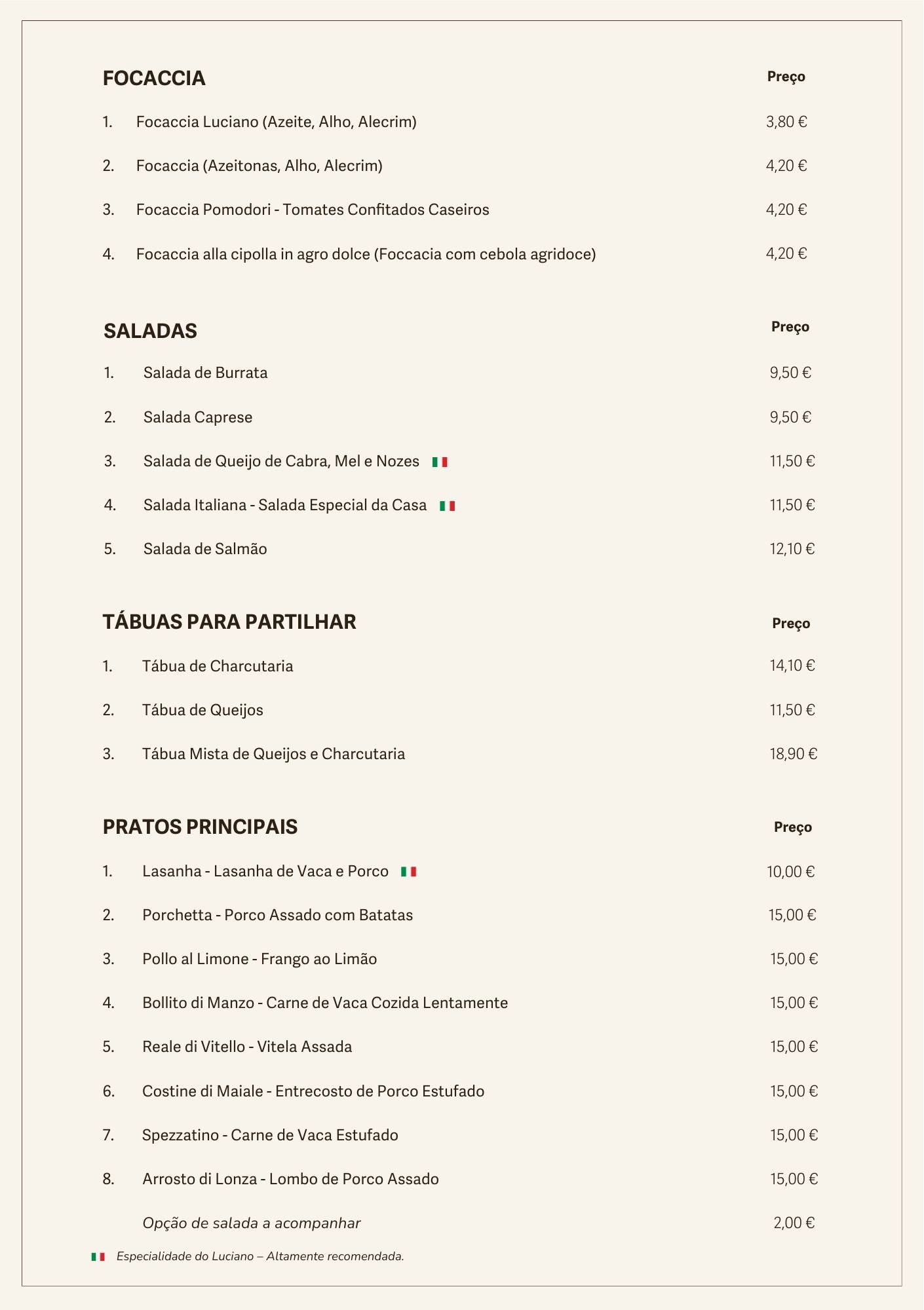 Luciano Menu Portuguese Food